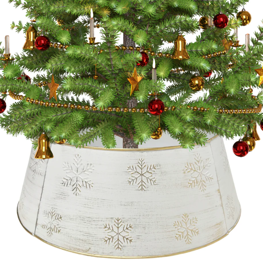 Snowflake White Christmas Tree Collar, Holiday Tree Skirt Alternative, Christmas Decorations for Tree, Decorative Metal Tree Ring, Fits Most Standard Tree Stands, White Snowflake Design
