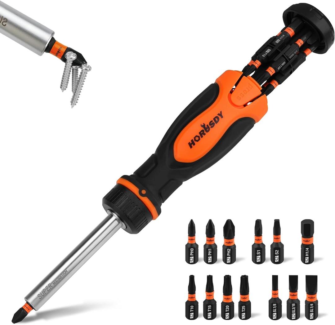 Magnetic Ratcheting Screwdriver Set: 14-in-1 Bits & 1/4" Driver, Multi-Sized Phillips, Slotted, Square, Torx, Hex for Garage & Daily Repair