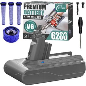 EGR Premium 6200mAh V6 Battery Replacement Compatible with Dyson V6 Animal V6 Absolute V6 Motorhead V6 Fluffy SV03 SV04 SV05 SV06 SV07 SV09 DC58 DC59 DC61 DC62 DC72 DC74 Vacuum Cleaner(Not Fit V7, V8)