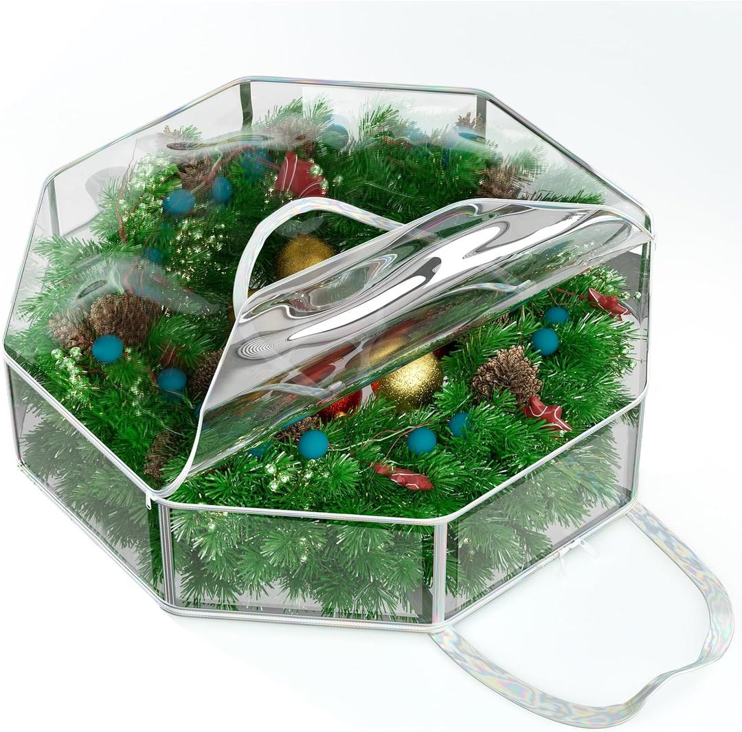 Homyfort 24" Christmas Wreath Storage Container - Waterproof Heavy Duty Wreath Bag with Reinforced Handles, Transparent PVC Wreath Holder for Xmas Holiday Seasonal Wreath Garland