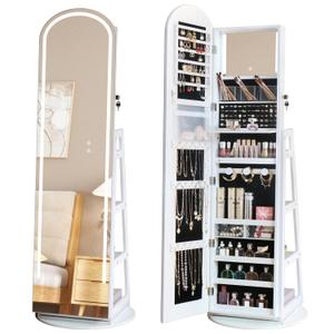 Arched Swivel Jewelry Cosmetics Armoire Cabinet Standing with Full Length Mirror, Lockable Jewelry Organizers Storage with 3 Color LED Lights & Interior Vanity Mirror Rear Storage Shelves White
