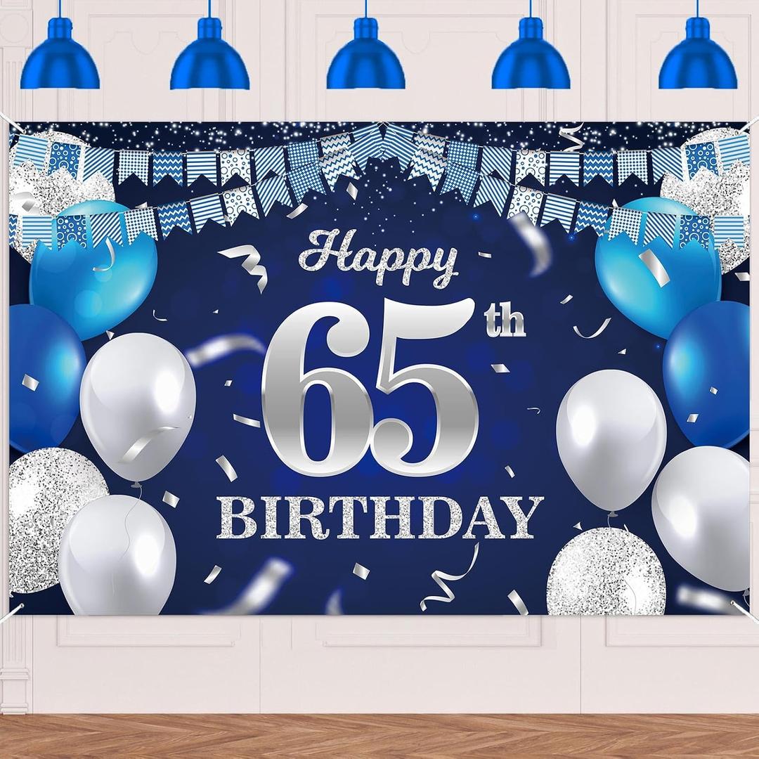 Happy 65th Birthday Banner Backdrop Navy Blue Balloons Confetti Stripe Flag Light Spots Cheers to 65 Years Old Theme Decorations Decor for Women Men 65th Birthday Party Bday Supplies Glitter Silver
