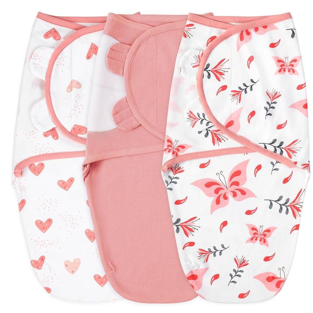 Yoofoss Baby Swaddles for Newborns 100% Organic Cotton, Adjustable Swaddle Sleep Sack 0-3 Months Newborn Swaddle Sack, Breathable Soft (Small) (Pink & Heart & Butterfly)