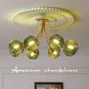 8-Light Flush Mount Light Vintage Gold Sputnik Chandelier Light Fixtures Ceiling Mount Green Round Glass Globe Shade, Semi Flush Mount Ceiling Light for Living Room Kitchen, 32.2 inches
