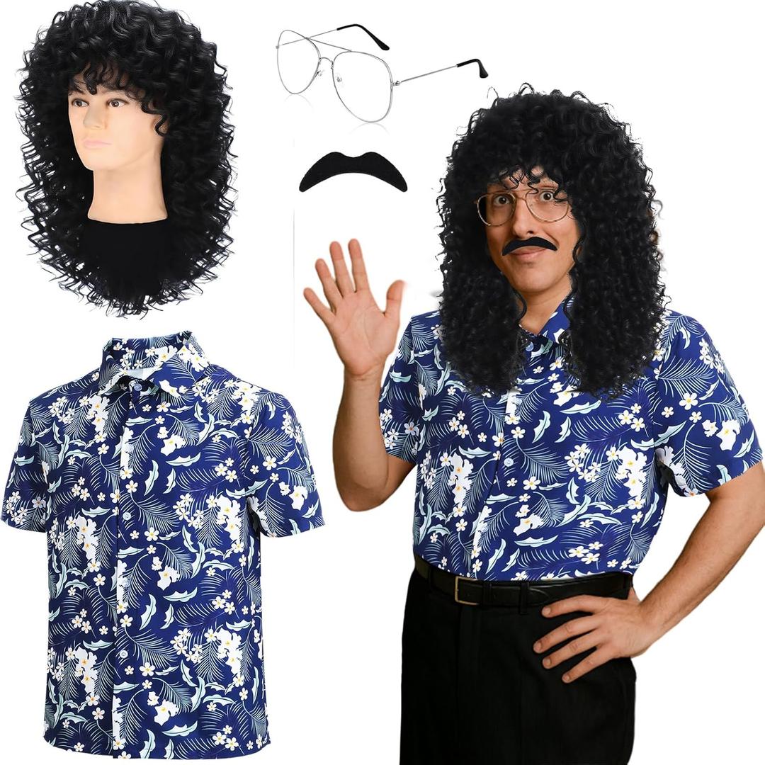 Mepase 4 Pcs 80s Halloween Costume for Men Outfit Cosplay Set Hawaiian Shirt Black Curly Wig Silver Frame Glasses Mustache (Medium)