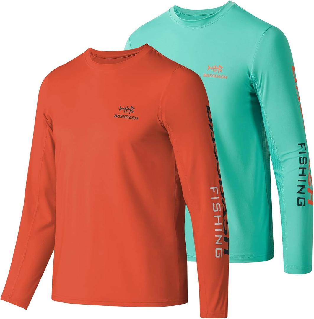 BASSDASH Youth Fishing T Shirts UPF 50+ Long Sleeve Performance UV Protection Tee for Boys Girls, Pack of 2 (X-Large, Coral Red & Aqua Green)