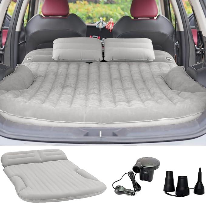 Air Mattress Thickened and Double-Sided Flocking Travel Camping Bed with 2 Pillows & Electric Pump Dedicated Mobile Cushion Inflatable Bed for SUV Trunk and Rear Seat, Light Grey 