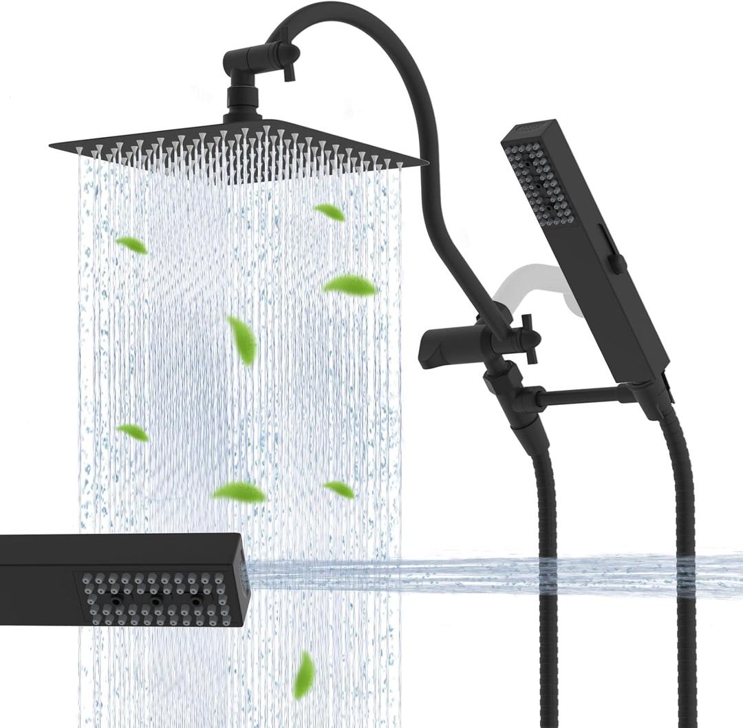 Hibbent All Metal cUPC Certified Shower Head, 10'' High Pressure Rainfall Showerhead Combo, Handheld Shower Wand, 12'' Adjustable Extension Arm, 4-Spray, 71'' Hose, Brass Shower Holder, Matte Black