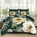 Luxudecor Floral Comforter Set King Size 7 Pieces Bed in a Bag,Beige Flower Print on Dark Green Bedding Set,Soft Microfiber Bedding Set for All Season (Dark Green,104"x90")