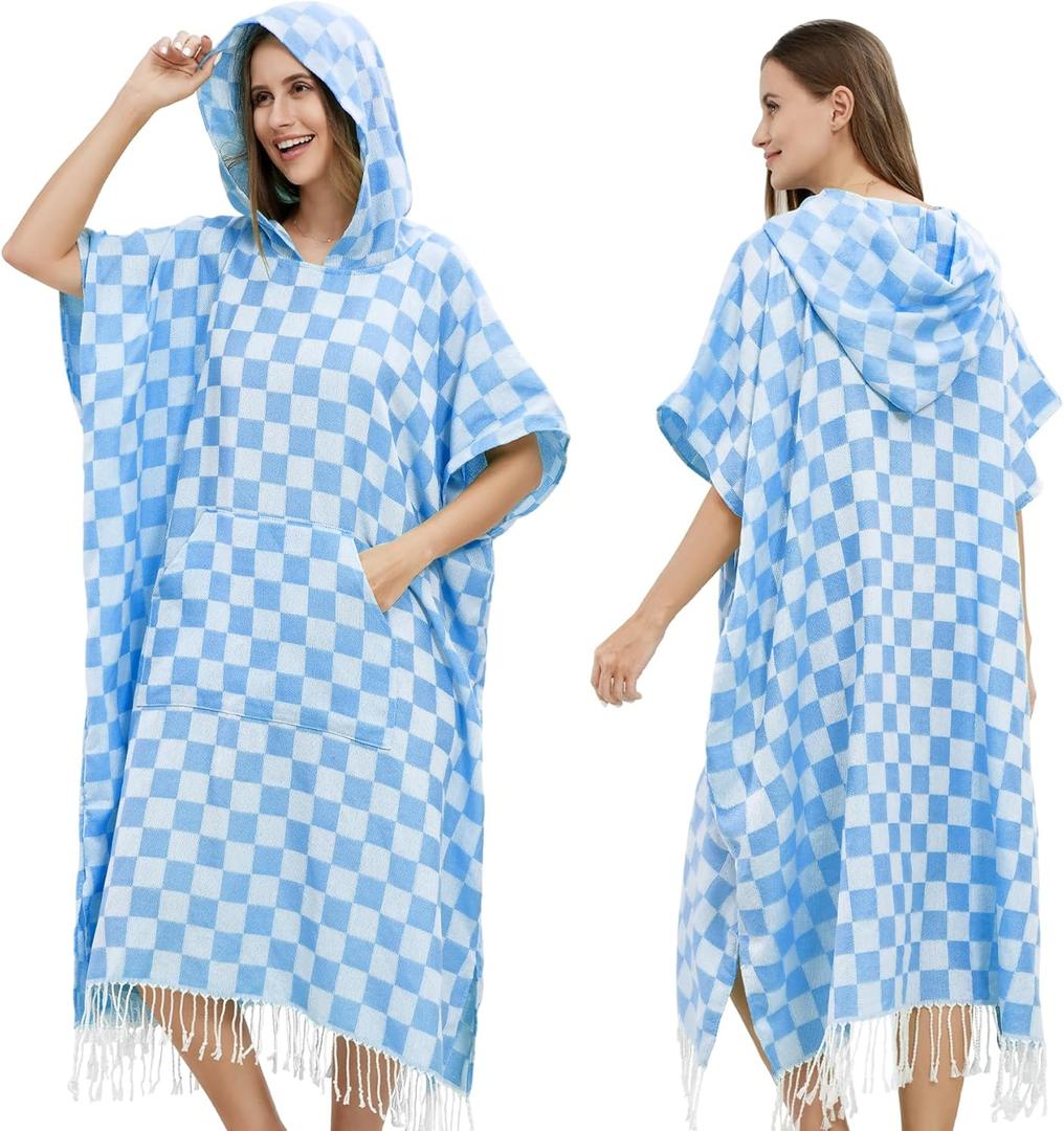 Men Women Hooded Towel Changing Wearable Cloth Swim Parka Jacket Swimsuit Bikini Coverup Dry Robe Bathing Suit Dress Wrap Plus Size for Beach Hiking Pee Surf Board Pool Shower (Blue Checkered)