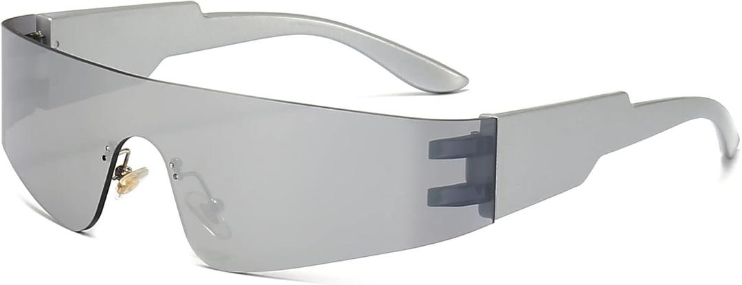 AIEYEZO Modern Fashion Rimless Futuristic Wrap Around Sunglasses Women Men Cyberpunk Visor Sun Glasses Trendy Future Shades (Silver/Silver Mirrored)