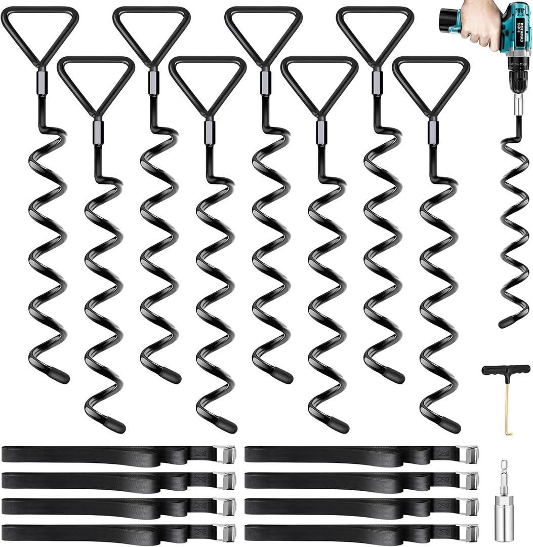 Trampoline Stakes Ground Anchors Screw in, Trampoline Anchors with Strong Straps, Spiral Earth Swing Set Anchor Heavy Duty for Trampolines(Black-8Pack)