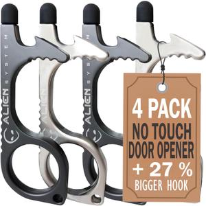 No Touch Door Opener tool 4 Pack - Premium keychain multitool - Hygienic Touch free Keychain tool - Touchscreen stylus, Button pusher, Bottle opener - Great for Employee appreciation gifts (Silver Pearl + Gun Grey)