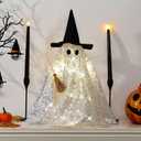 Leinuosen Light Up Disco Ghosts Halloween Decorations Indoor Spooky Ghosts with String Lights Witch Hats Broom Halloween Table Decor for Home Party Table Mantel Room Kitchen Haunted House(Sequin)