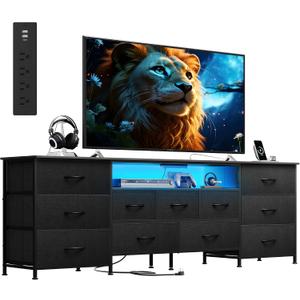 WLIVE Long LED Dresser TV Stand for 85 Inch TV, 11 Drawers, Black, 75.51"W for 85 inch TV