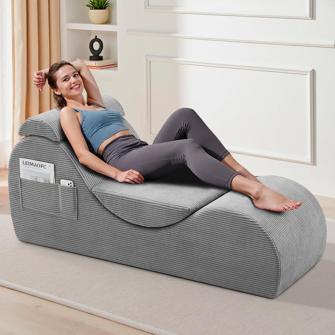 Yoga Chair Lounge for Adult, Ergonomic Chaise Lounge Chair with Side Pocket, Headrest, Waist Pad, Perfect for Stretching, Massage, and Relaxation, Used in Living Room, BedroomGrey