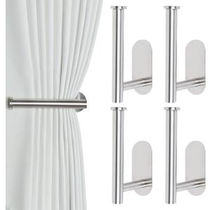 Adhesive Curtain Holdbacks - 4 Pack No Drill Tie Backs Hooks for Drapes, Damage-Free Wall Mounted Curtain Holders with Strong Adhesive (Silver)