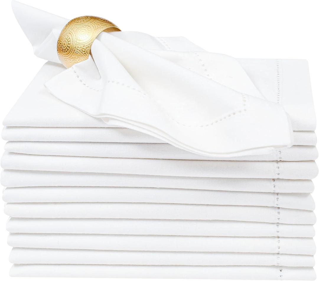Lightnpro Decorative Cloth Dinner Napkins with Hemstitched, Wedding, Cocktail & Party Napkins, Mitered Corners, Machine Washable, 12 Elegant Table Napkins for Special Occasions - 18x18 Inch White