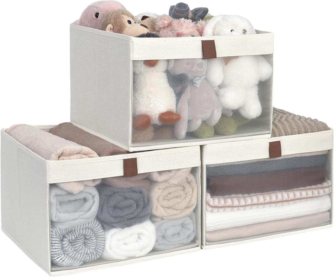 StorageWorks Closet Storage Bins, Extra Large Storage Baskets with Clear Window and Handles, Foldable Fabric Organizer for Clothes, Shelves, Beige, 3 Pack
