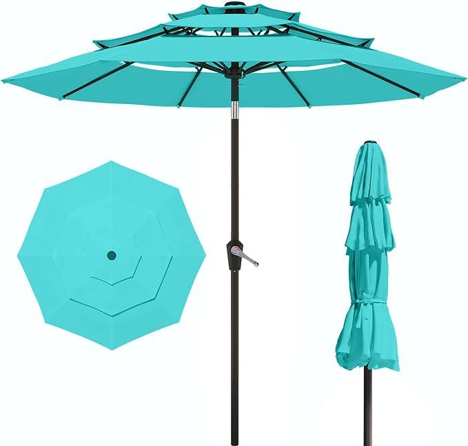 Patio Kingdom 10FT Patio Umbrella 3 Tiers Outdoor Market Umbrella w/Push Button Tilt, Crank, UV and Waterproof Table Umbrella for Garden, Pool, Backyard, Deck, Lawn, Aqua Blue