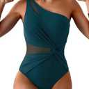 Aidonger One Shoulder One Piece Swimsuit for Women Mesh Tummy Control Bathing Suit Twist Swimwear, S