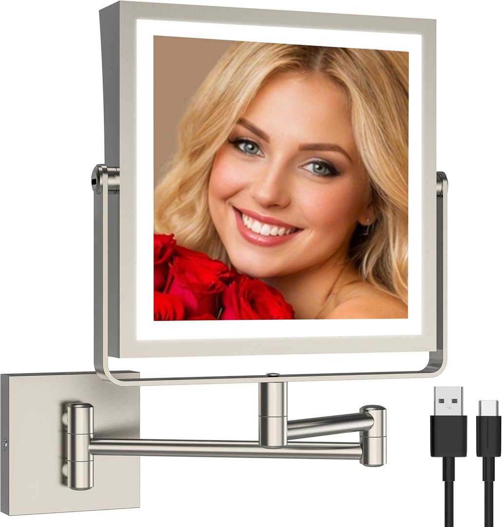 Ruacq Rechargeable Wall Mounted Makeup Mirror with Lights, Double Sided 1X/10X Magnifying Vanity Mirror with 3 Color Light, Touch Screen Dimmable, 360 Rotation Extension Foldable Arm(Brushed Nickel)