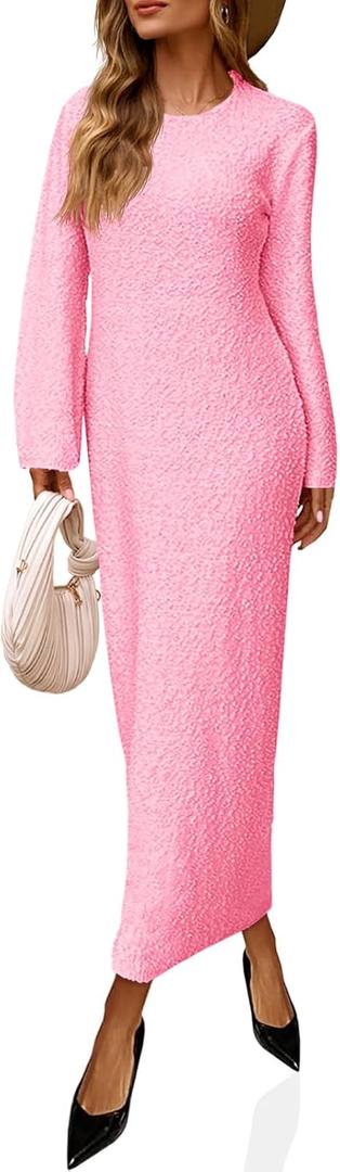 Saodimallsu Womens Long Sleeve Midi Sweater Dress Crew Neck Swiss Dot Soft Knit Casual Fall Trendy Maxi Dresses (Pink)