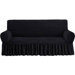 NICEEC Sofa Slipcover Black Sofa Cover 1 Piece Easy Fitted Sofa Couch Covers Universal High Stretch Durable Furniture Protector with Skirt Country Style (3 Seater Black)