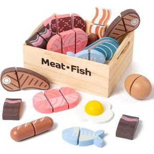 10 PCS Meat & Fish Wooden Play Food Set for Kids Kitchen, Wooden Toy Pretend Play Food Cutting Set, Realistic Protein Play Food Set, Christmas Birthday Present for Toddlers & Kids Ages 3+