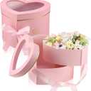 Nuanchu 2 Pcs Valentines Day Heart Shaped Flower Box with Transparent Window Paper Floral Boxes with Lids Ribbons Double Layers Rotating Gift Box for Arrangements, 9.1 x 7.9 x 6.5 Inch(Pink)