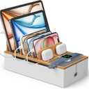 Pezin & Hulin Bamboo Cable Management Box, Wire Organizers for Cords, Charge Station Box, Desktop Dock Organizer Rack for Electronic Device (Include 6 Cables)(No Power Adapter) -Natural + White