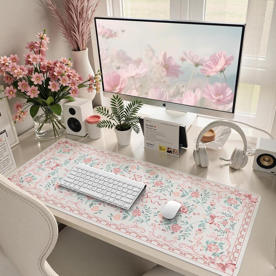 HAOCOO Pink Bow Desk Pad for Keyboard and Mouse, Non-Slip Large Mouse Pad, Cute Desk Matt for Desktop, Computer Mat with Edge Stitching for Office, Waterproof Desktop Protection