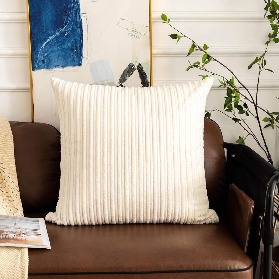 UGASA Corduroy Striped Soft Soild Decorative Square Throw Pillow Covers Set Cushion Cases Pillowcases for Sofa Bedroom, 1 Pc, 26x26inch, Cream