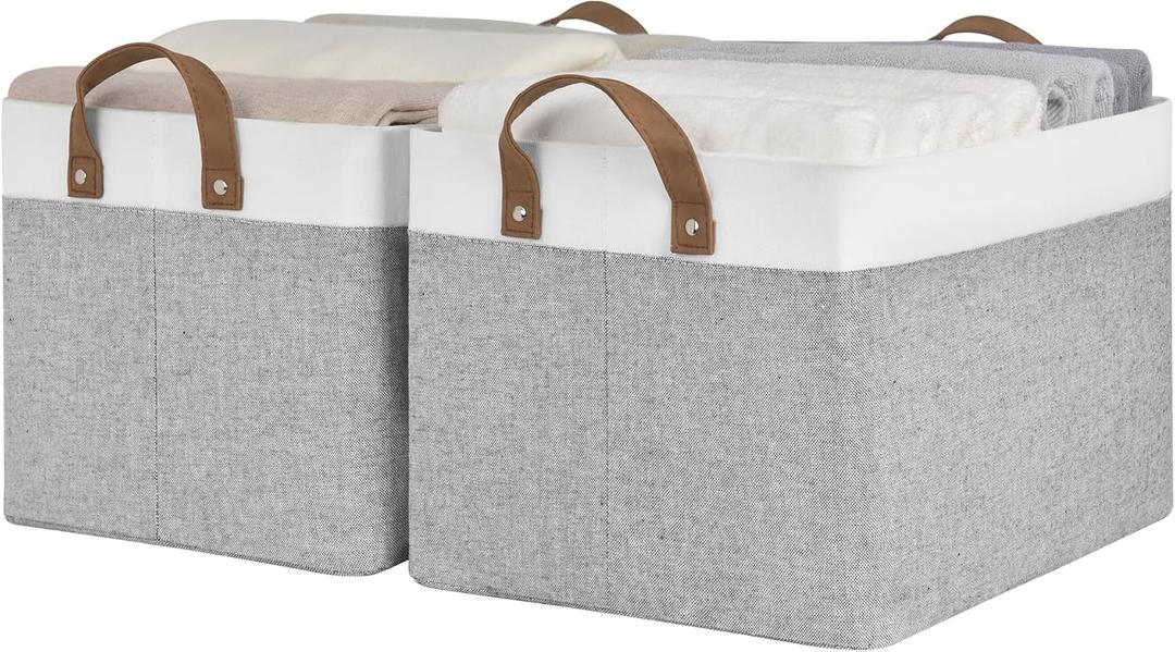 StorageWorks Storage Bins, Shelves Baskets for Organizing, Large Fabric Closet Organizers with Handles, Metal Frame, Gray and White, 2-Pack