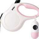 Fida Retractable Dog Leash for Small Breed up to 26 lbs, 16 ft Pet Walking Leash with Dispenser and Poop Bags, Anti-Slip Handle, Reflective Strong Nylon Tape, One-Handed Brake (S, White & Pink)