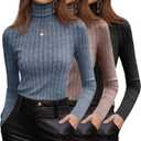 3 Pack Women's Turtleneck Sweaters, Ribbed Long Sleeve Fitted Pullover Sweater Knit Lightweight Fall Tunic Top 2025 (Light Blue, Mocha, Black)