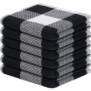 Mordimy 100% Cotton Waffle Weave Plaid Dish Cloths, 12 x 12 Inches, Super Soft and Absorbent Quick Drying Buffalo Check Dish Rags for Kitchen, 6-Pack, Black & White