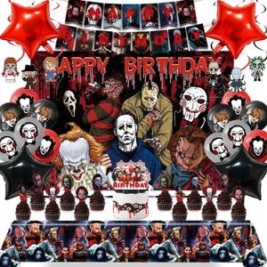 Horror Birthday Decorations for Boys Girls Adults, Halloween Theme Party Supplies Kit with Happy Birthday Banner Balloons Cake Topper Backdrop Tablecloth Hanging Swirls