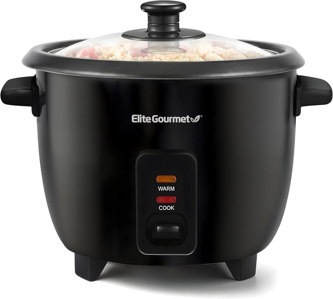 Elite Gourmet Electric Rice Cooker with Steam Tray and Non-Stick Inner Pot Makes Soups, Stews, Grains, Cereals, Keep Warm Feature, 6 Cups Cooked (3 Cups Uncooked), Black