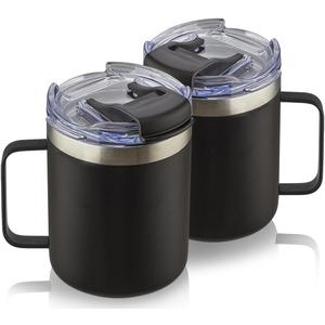 ALOUFEA 12oz Stainless Steel Insulated Coffee Mug with Handle, Double Wall Vacuum Tumbler Cup with Fliping Lid, Black, 2 Pack