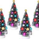 4 Pcs Mini Christmas Tree Bottle Brush Christmas Trees Sisal Trees Table Decorations Assorted Color Balls,4 Inch Small Pine Trees with Wood Base