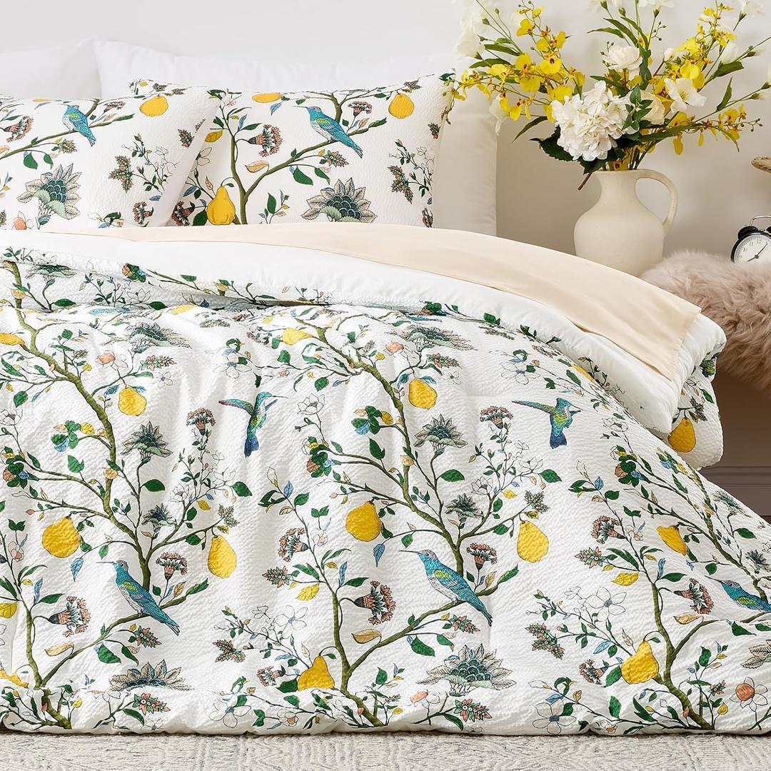 MUSSEL White Queen Size Comforter Set 3 Pieces,Vintage Botanical Floral Pattern Bedding Comforter Sets,Boho Whimsical Modern Printed Design Cute Seersucker Bedroom Comforter and Shams