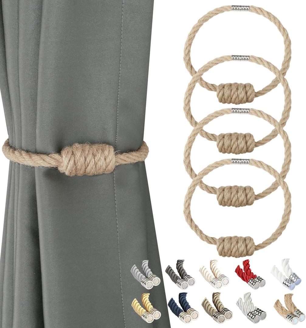 BEL AVENIR Magnetic Jute Curtain Tiebacks, Decorative Drapery Holdbacks Bohemian Style Woven Tie-Backs with Exquisite Knot (Jute, 4 Pack)