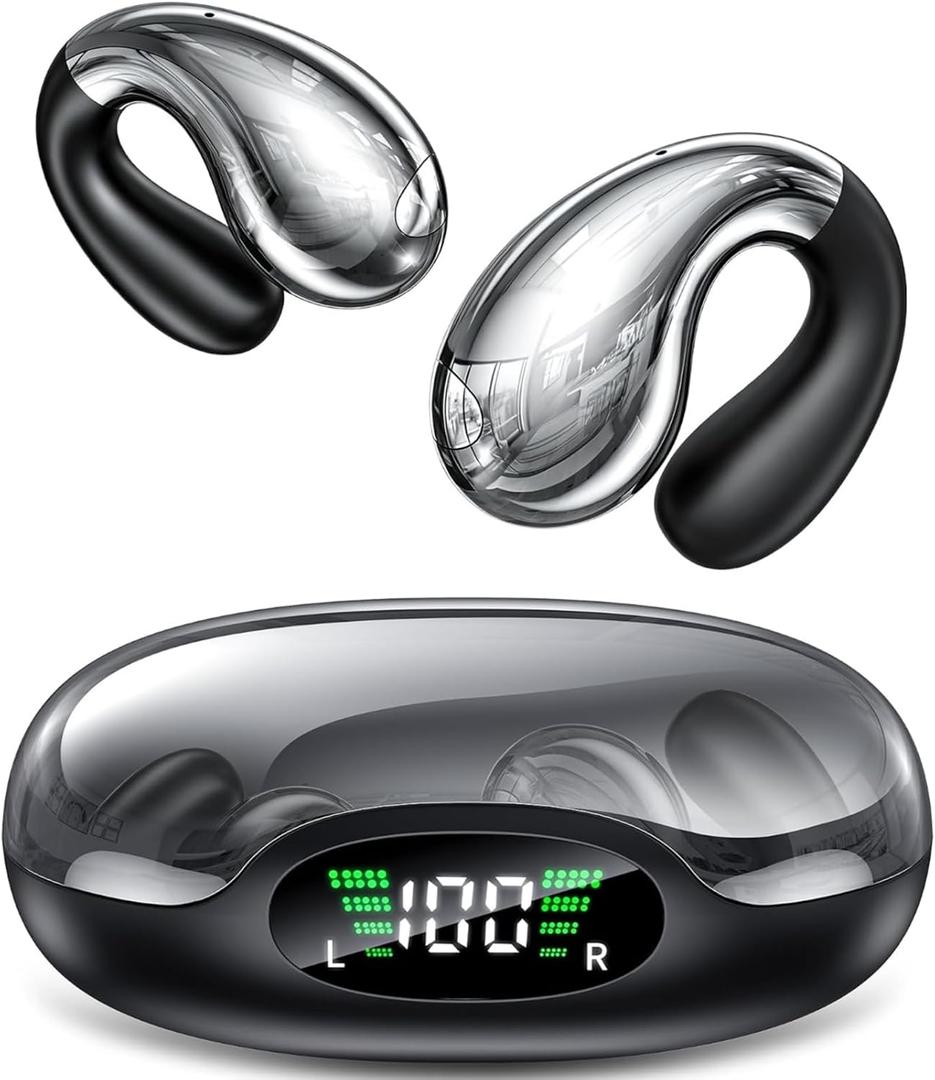 Boytond Ultra Open Ear Earbuds, Comfort Clip On Earbuds, Wireless Bone Conduction Headphones with Bluetooth 5.3, Fast Charging Fast Charging for Running, Sports, and Travel, Crystal Black