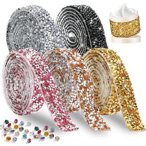 2 x FULZTEY 5 Rolls Rhinestone Ribbon Roll,Mix Colors Crystal Ribbon for DIY Crafts,1.5 cm Wide Diamond Strips Self Adhesive,5 Yards Shiny Rhinestone Tapes for DIY Car Clothes Wedding Party Decoration (White&Black&Rose Red AB&Orange AB&Gold)