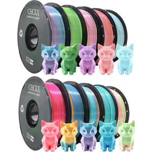 10 Pack Silk Rainbow PLA 3D Printer Filament Bundle, Dimensional Accuracy +/- 0.02 mm, 1kg (2.2lbs), 1.75 mm, Rainbow Candy,Blue Green,Red White,Blue White,Green, 10 Mix Rainbow Colors