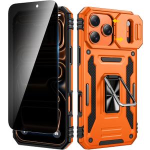 VEGO for iPhone 17 Pro Max Case, with Slide Camera Cover & Privacy Tempered Glass Screen Protector & Ring Kickstand Military Grade Heavy Duty Protection Cover for iPhone 17 ProMax - Orange