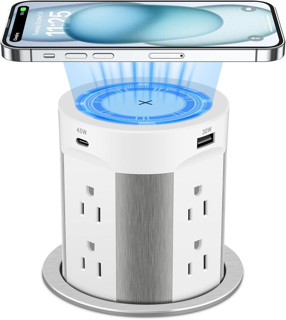 Pop Up Outlet for Countertop, 15W Wireless Charger PD 45W, 2 USB-A & 2 USB-C & 8AC Outlets 15A Tamper Resistant, 4-inch Island Kitchen Pop Out