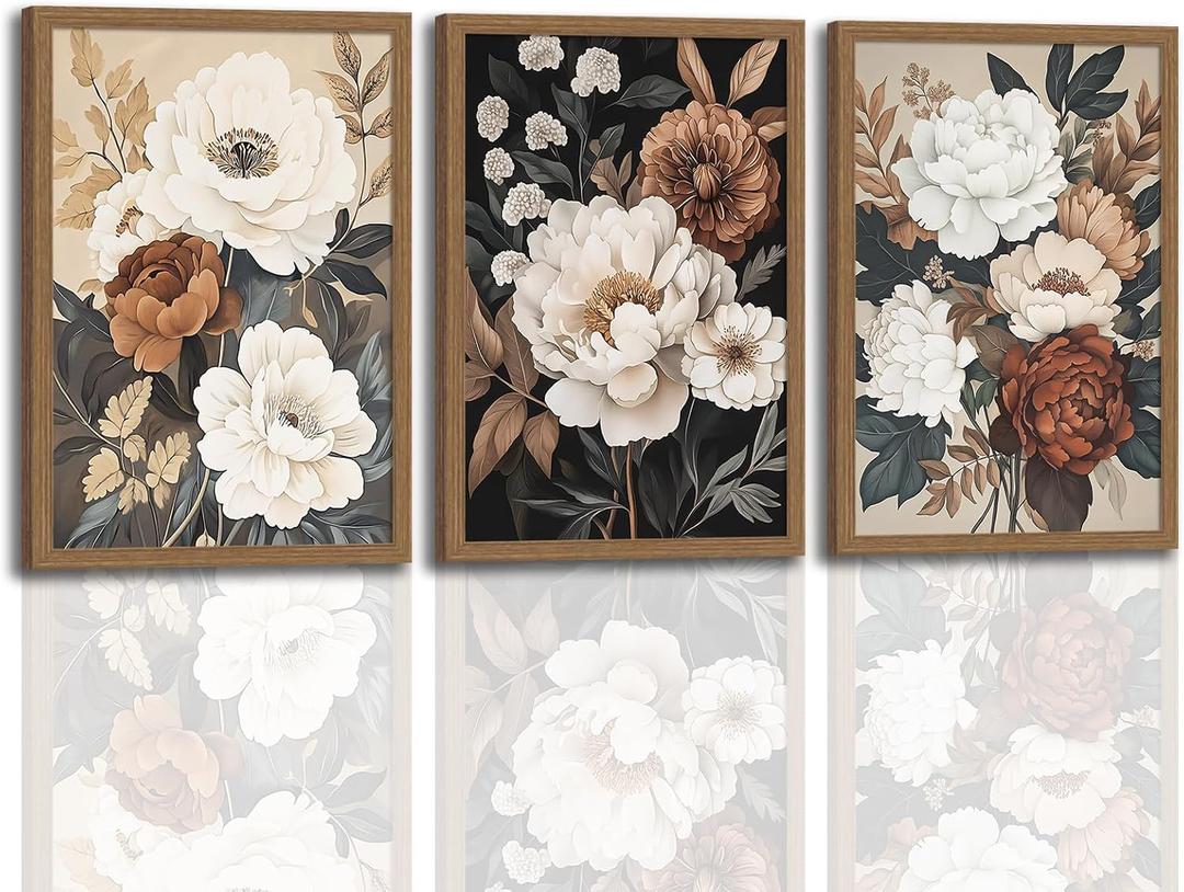 Moody Flower Framed Canvas Wall Art,Retro Beige Peony Wall Decor,Vintage Textured Blossom Botanical Artwork Art Print for Living Room,Bedroom,Office 16x24in Ready to Hang