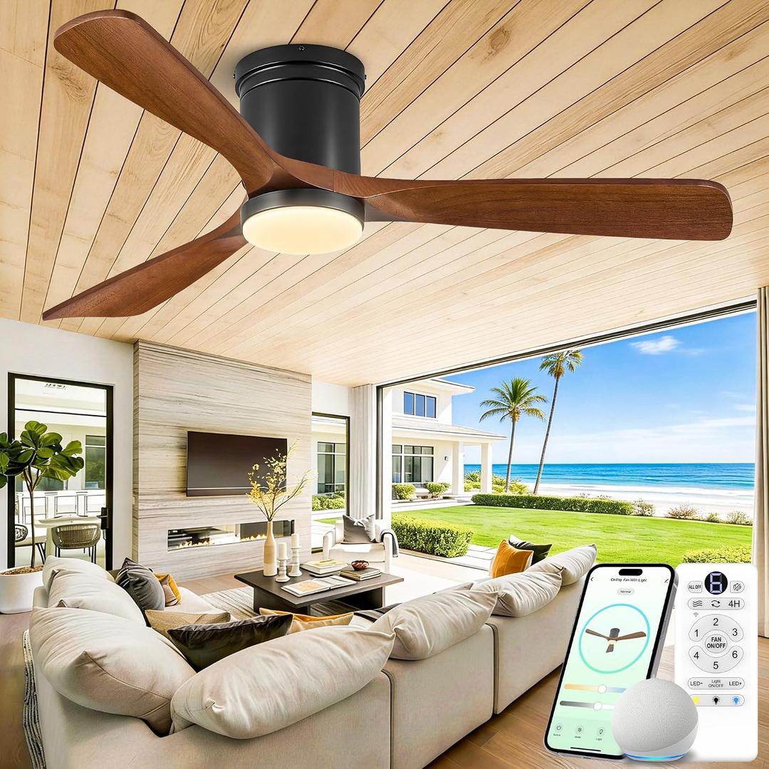 Smart Flush Mount Ceiling Fans with Lights, 60 Inch Low Profile Ceiling Fan with Alexa&Remote Control, 3 Solid Wood Propeller Blades ETL Listed Modern Outdoor Ceiling Fans for Bedroom Patio